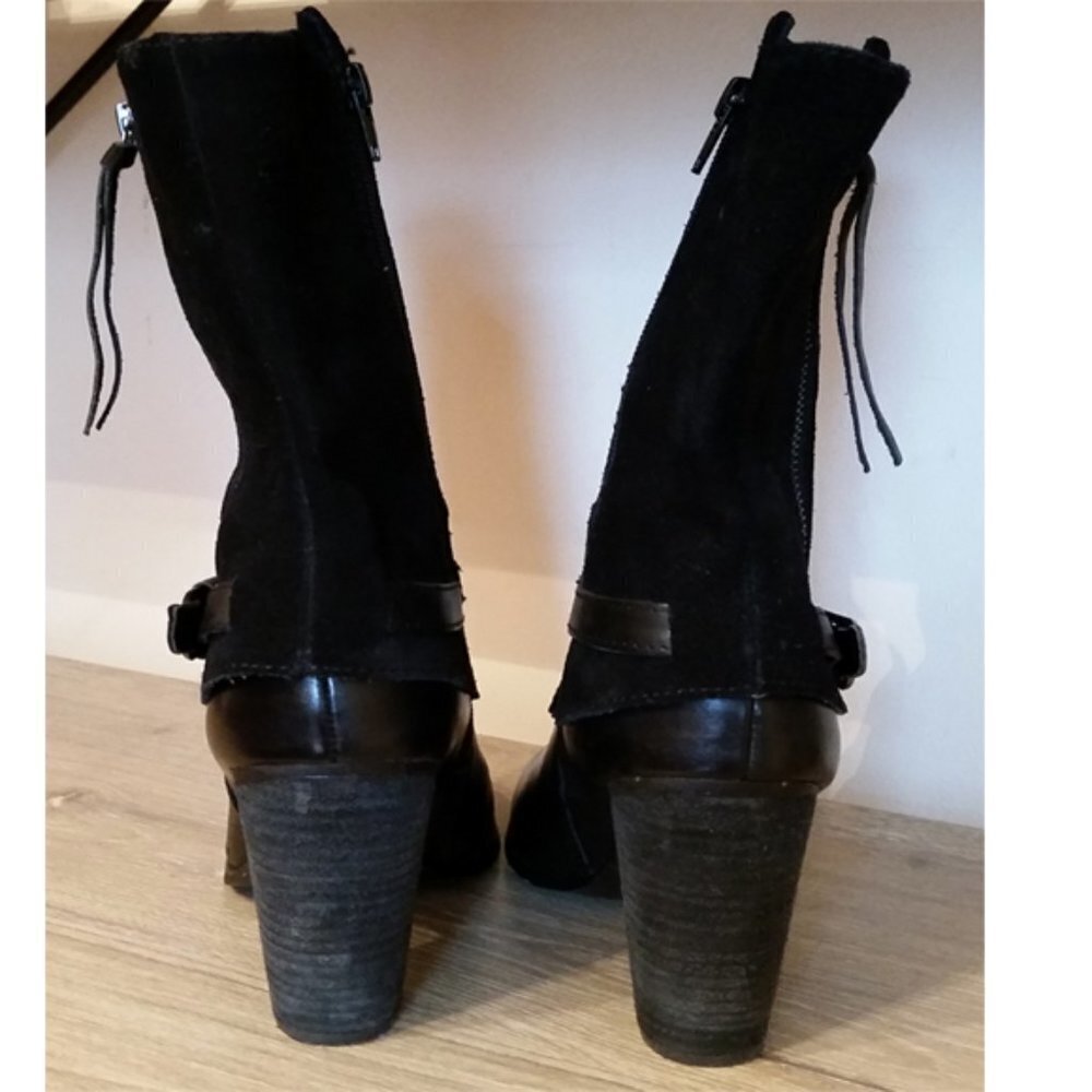 𝅺Kensie Hunter Size 7 Black Suede Leather Zip Boots Chunky Heel Buckle Wrap. - Picture 7 of 9